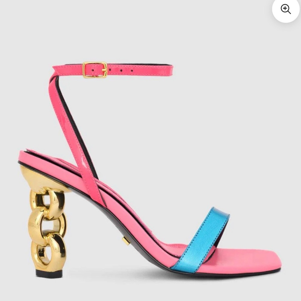 Vibrant Pink and Blue Heels with Gold Chain Accent